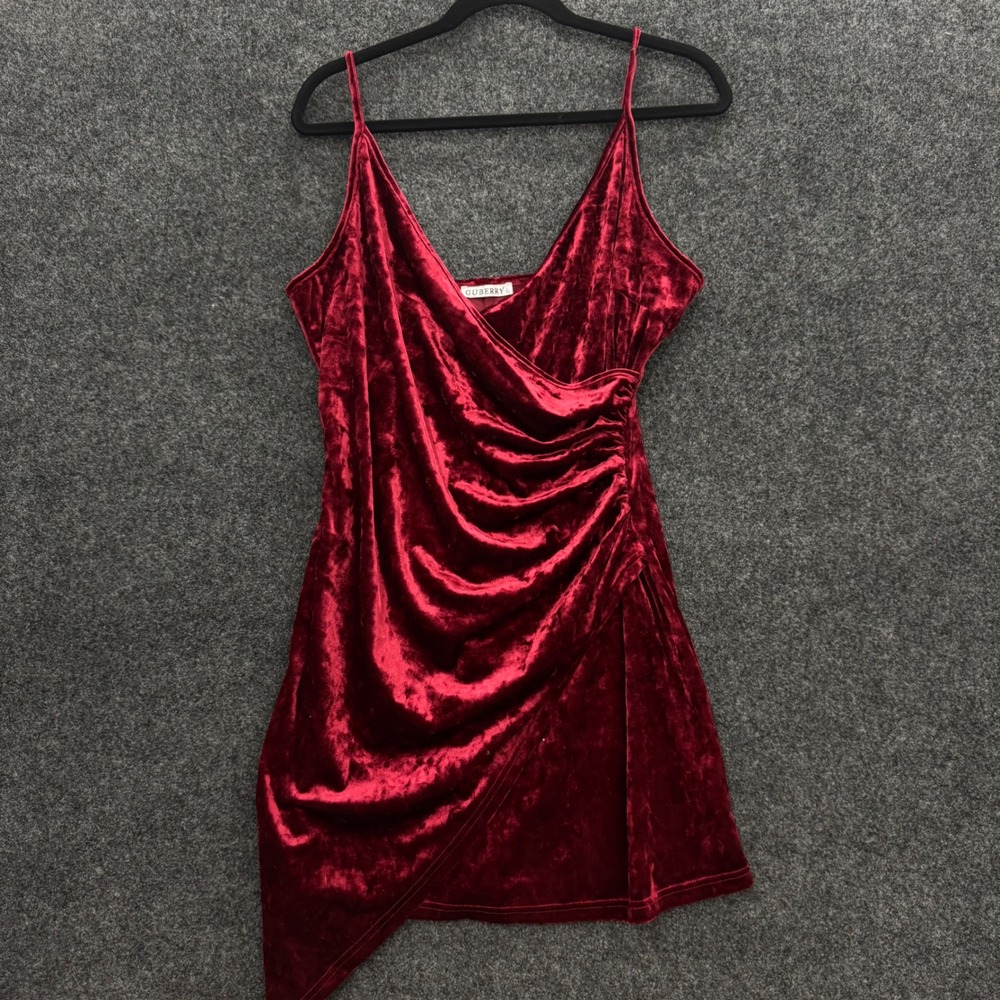 GUBERRY Burgundy Crushed Velvet Wrap Mini Dress 90s Style Ruched Asymmetrical L